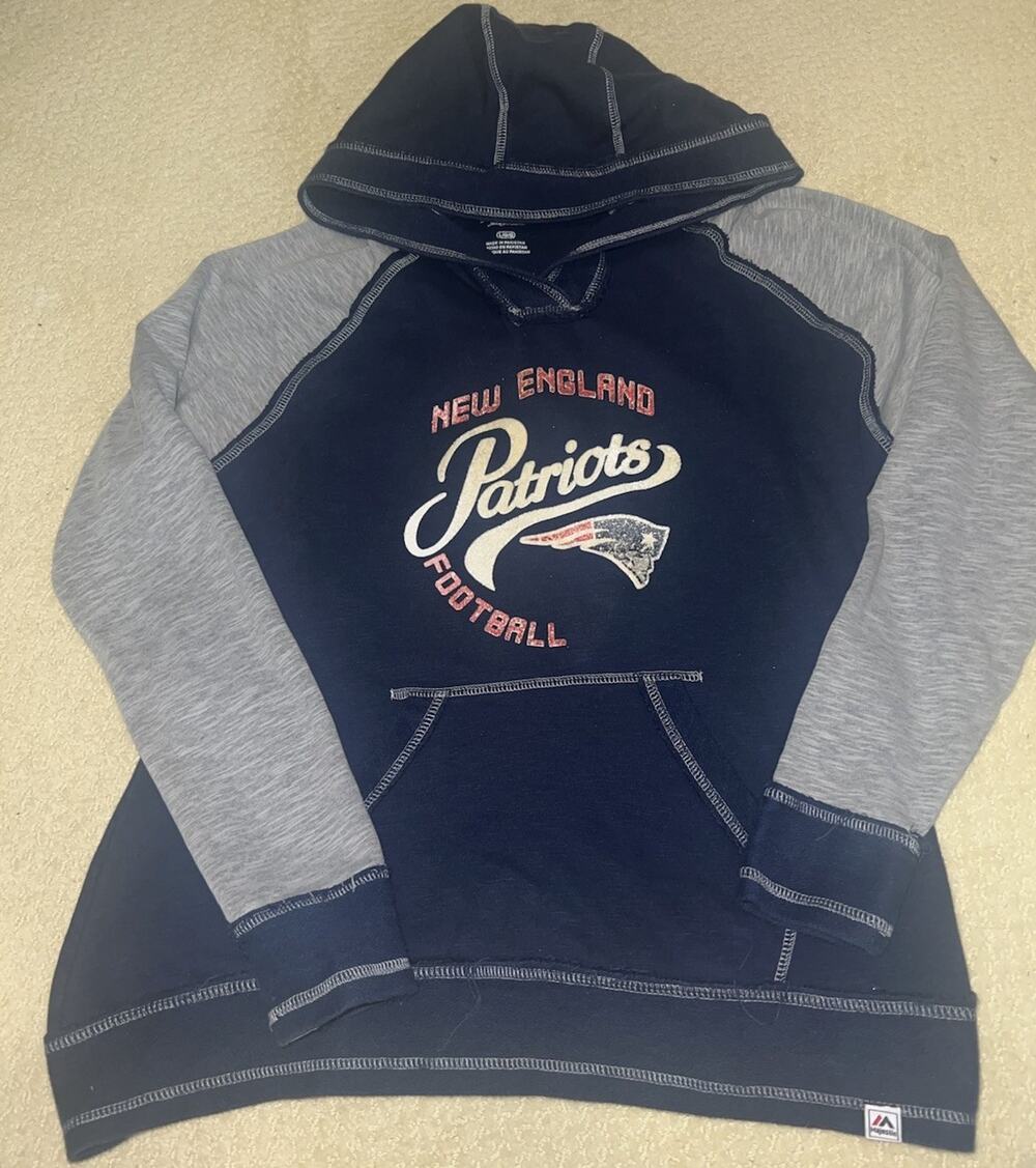 Majestic New England Patriots Hoodie Shirt Gray Blue Raglan Fan Fare M